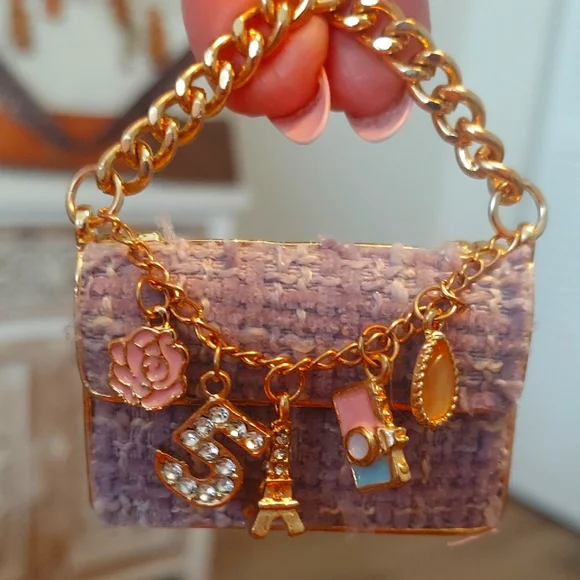 Gold and Purple Women's Tweed Bag with Charms Designer Inspired - Picture 5 of 5
